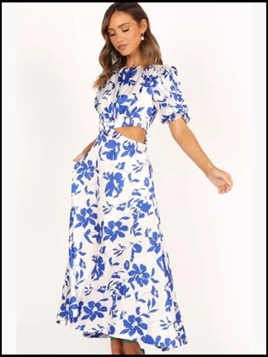 Maxi Dress with Puff Sleeves, Elastic Waist, Side Cutouts, Pockets - Picture 2 of 7